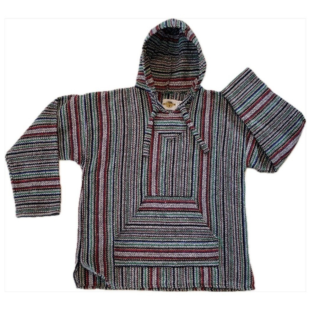 Earth Ragz Mens XL Hoodie Poncho Pullover Baja Reggae Striped Woven Knit Mexican